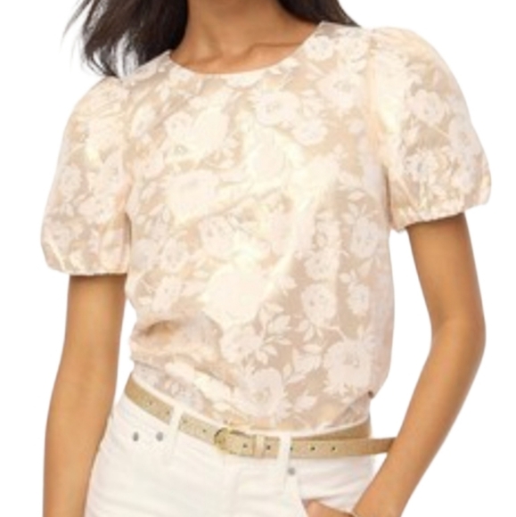 NWT J.Crew Gold Metallic Floral Jacquard Puff Sleeve Top - Picture 1 of 7